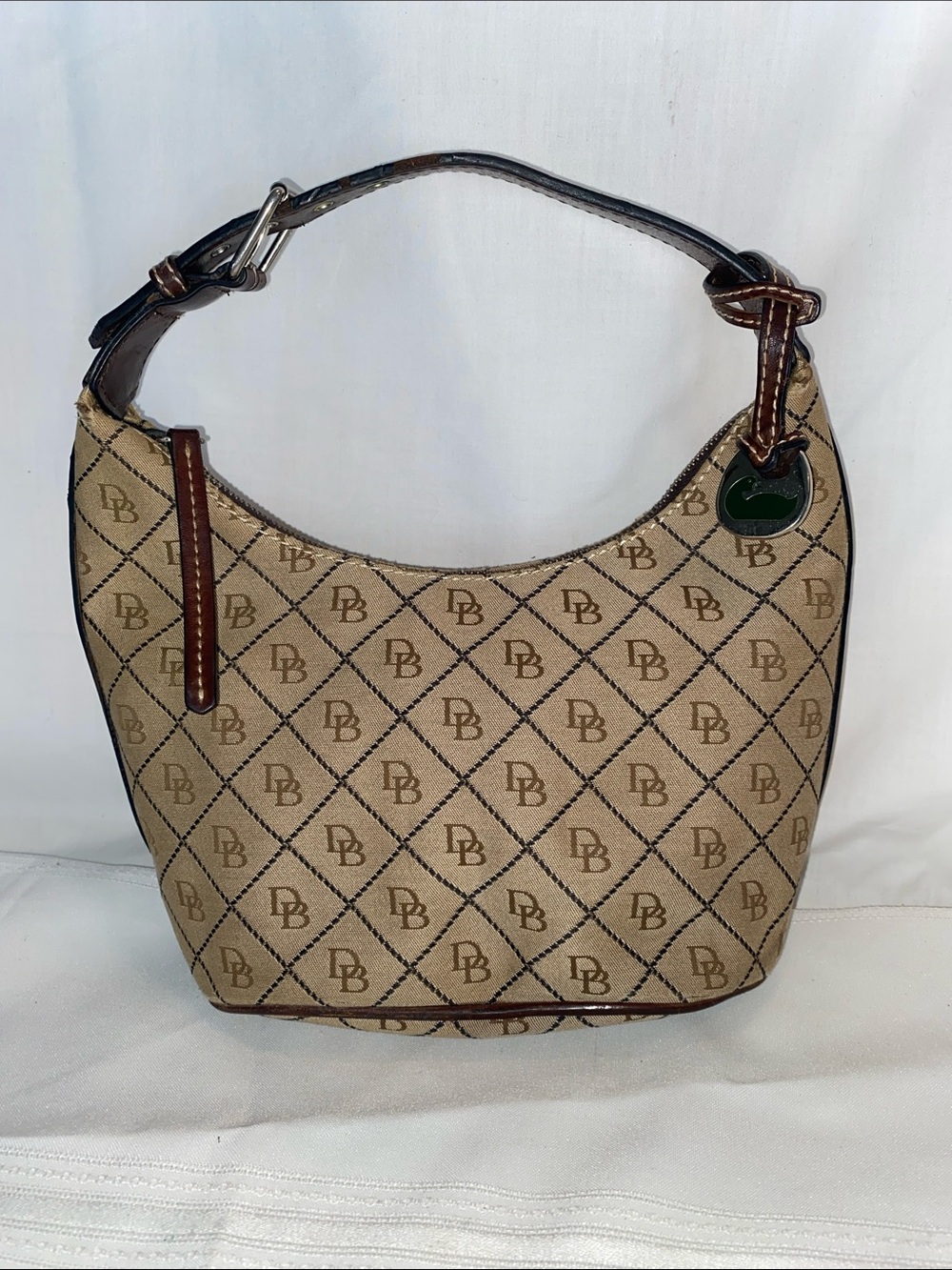 Dooney & Bourke Beige Monogram Shoulder Bag with Brown Trim